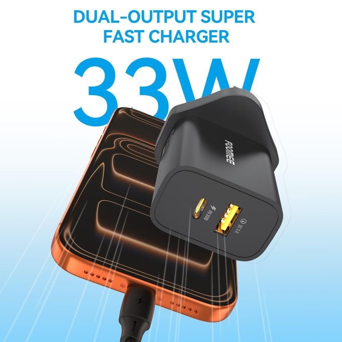 FOOMEE 33W GaN Super Fast Charger,USB-A & Type-C Dual Output,With Free Type-C Cable,for Iphone,Android,etc.