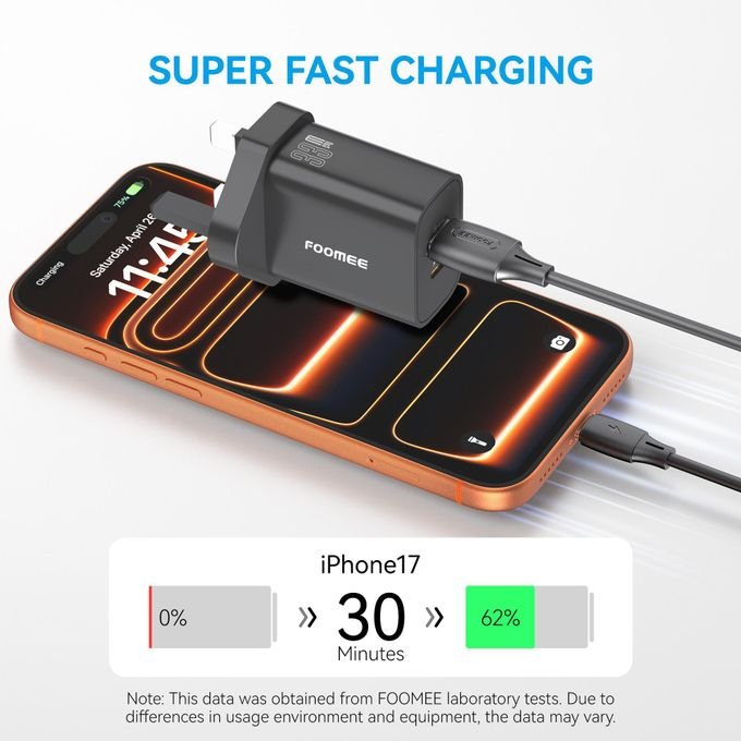 FOOMEE 33W GaN Super Fast Charger,USB-A & Type-C Dual Output,With Free Type-C Cable,for Iphone,Android,etc.