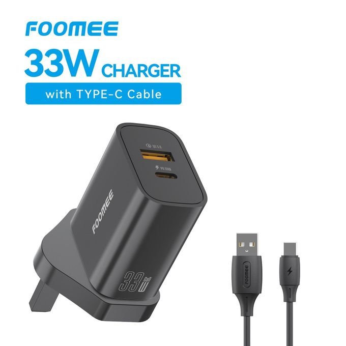 FOOMEE 33W GaN Super Fast Charger,USB-A & Type-C Dual Output,With Free Type-C Cable,for Iphone,Android,etc.