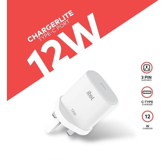 itel 12 Watts Fast iPhone Charger With Type-C to Lightning Cable - White