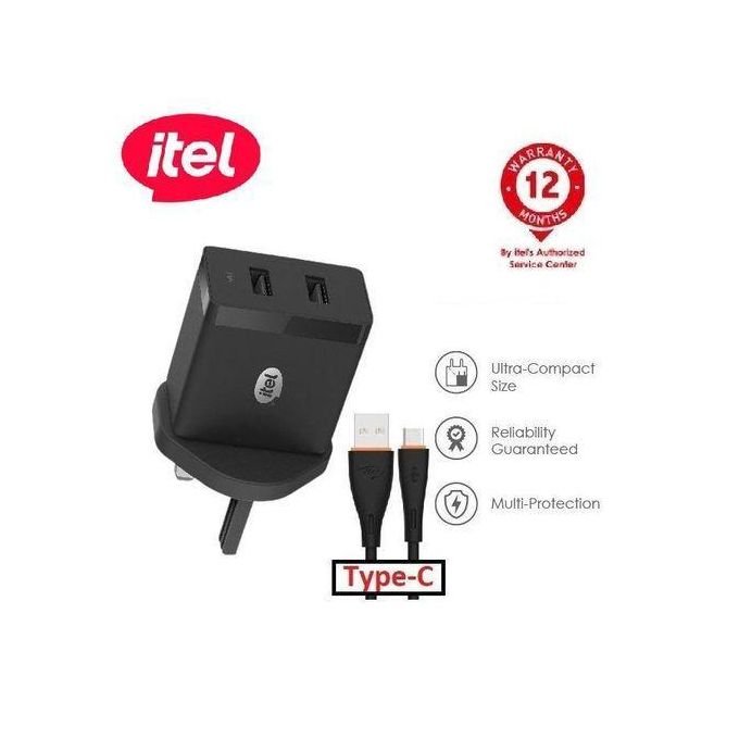 itel 12w Dual USB Fast Charger With Type-C Cable - WHITE