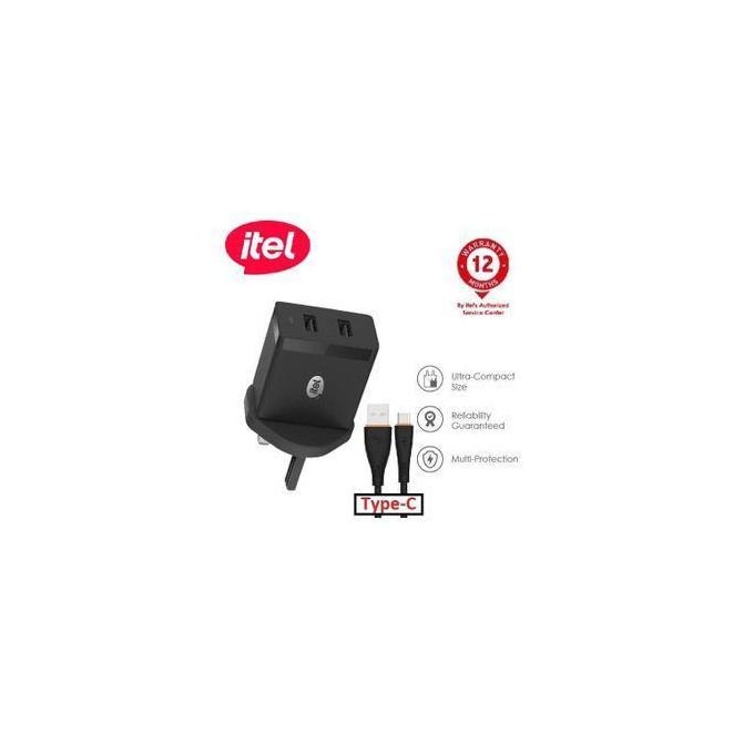 itel 12w Dual USB Port Fast Charger With Type-C Cable
