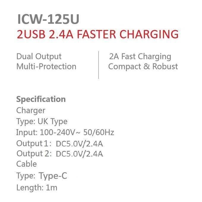 itel 12W Dual USB Wall Charger + 2.4A Type-C Cable
