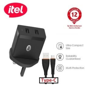 itel 2 USB Port, 12W Faster Charger With Free Type-C Cable - Black