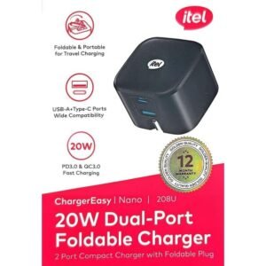 itel 20 Watts Dual Port Foldable Charger Fast Charger With Type-C to Type-C Cable - ICW-208UC