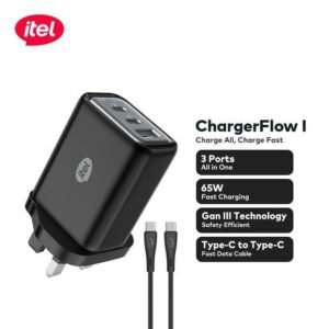 itel 65 Watts GaN Charger With Type-C Cable, 3-Port Dual Type-C & USB Port