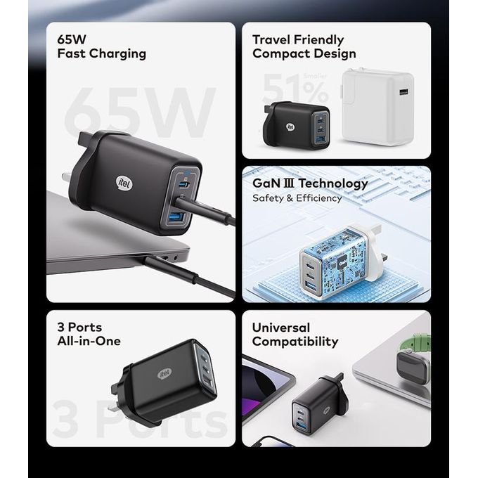 itel 65 Watts GaN Complete Charger, 3-Port Dual Type-C & USB Port - Black