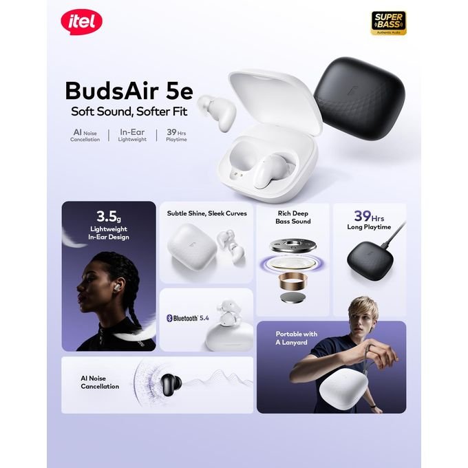 itel BudsAir 5e Ultra Lightweight In-Ear Earbuds 39H Playtime IP54 Portable IEW-52 -Black