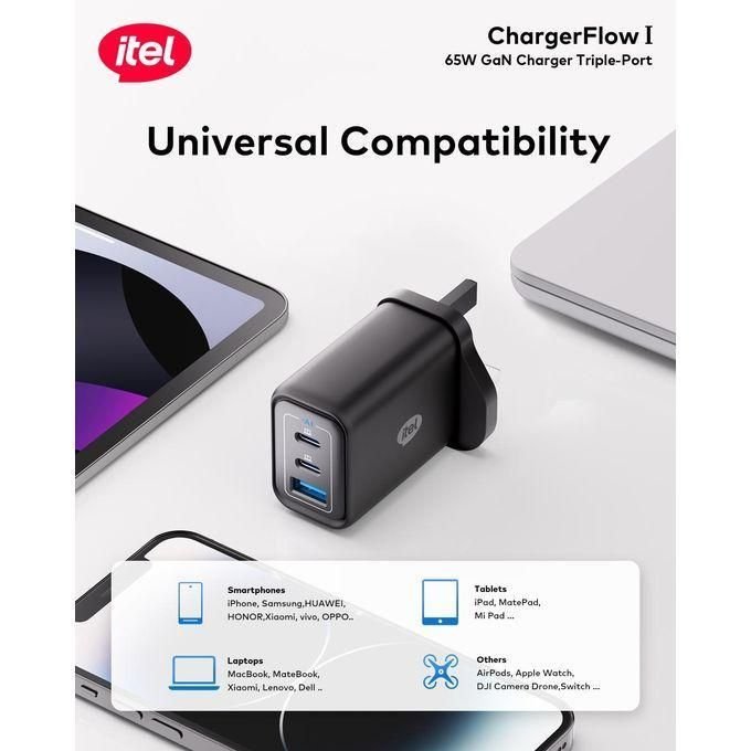 itel Charger-Flow Charger 65W GaN Super-Fast Laptop Charger PD3.0 & QC3.0 Triple Port Kit Charger ICW-652U