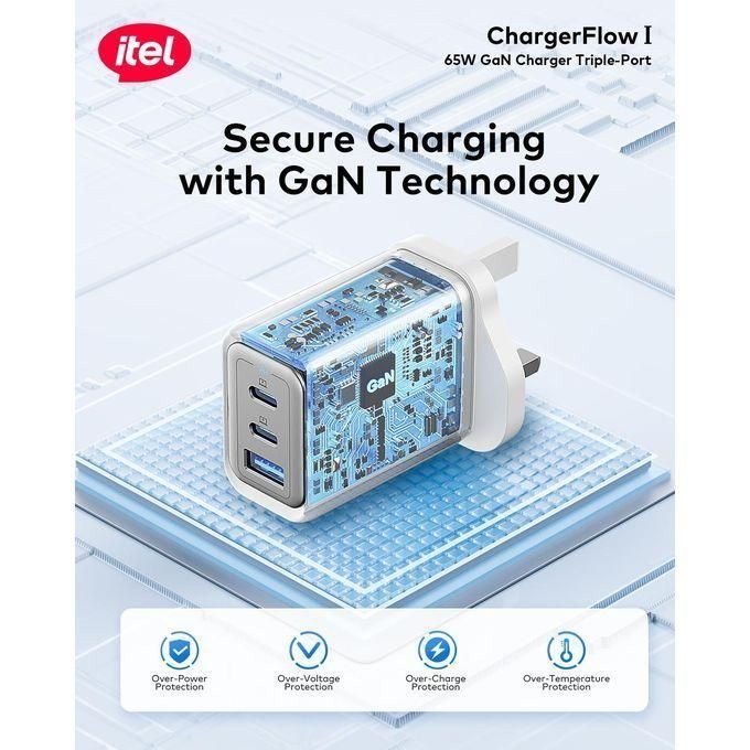 itel Charger-Flow Charger 65W GaN Super-Fast Laptop Charger PD3.0 & QC3.0 Triple Port Kit Charger ICW-652U