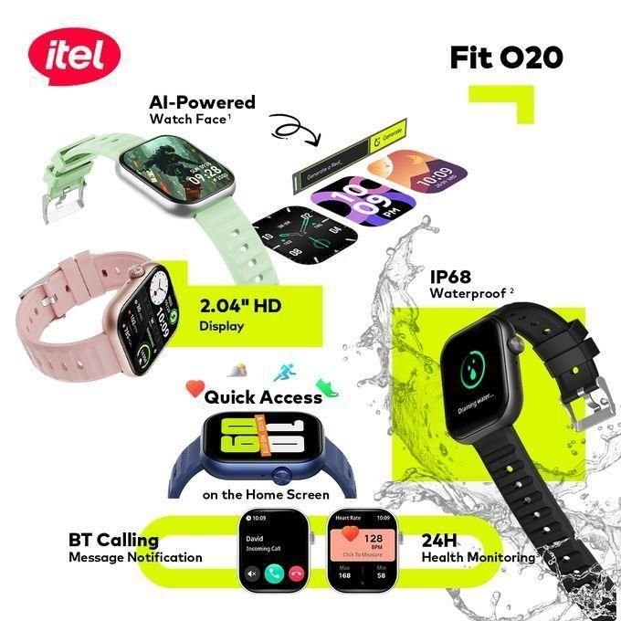 itel Smart Watch Fit 020 BT Call/notification , Ai Powered, 2straps Colour Black