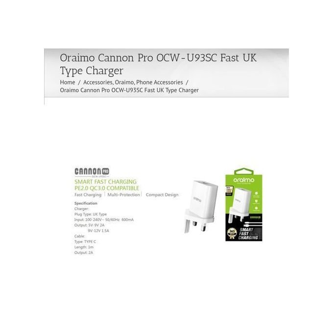Oraimo Fast 1Smart Charger WITH Type C Cable - White