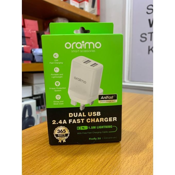 Oraimo Firefly 2U 2.4A Fast Charger + Lightning Cable (OCW-U67D+L53)