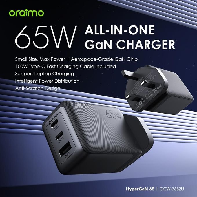 Oraimo HyperGaN 65 Wall Charger Kit with 100W CC Cable Support Laptop Charging