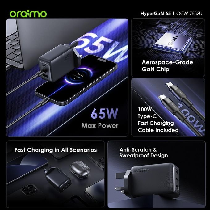 Oraimo HyperGaN 65 Wall Charger Kit with 100W CC Cable Support Laptop Charging