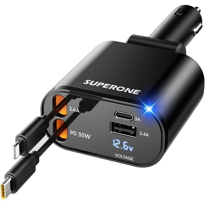 120W Retractable Fast Car Charger, 4 in 1 Mobile Charging Adapter with Dual USB Ports, USB-C & Lightning Cables, Compatible with iPhone & Type-C Android Devices, Multi-Device...