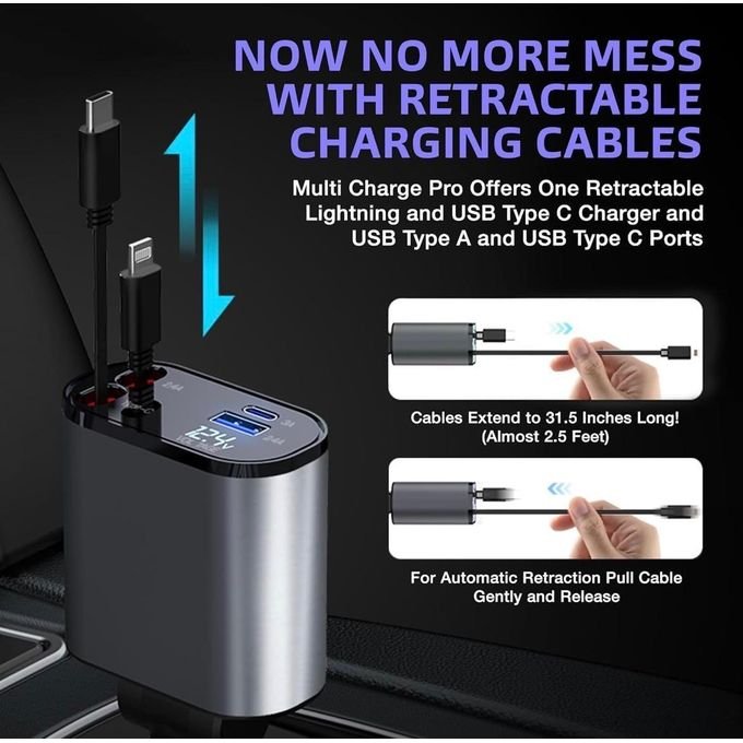 120W Retractable Fast Car Charger, 4 in 1 Mobile Charging Adapter with Dual USB Ports, USB-C & Lightning Cables, Compatible with iPhone & Type-C Android Devices, Multi-Device...