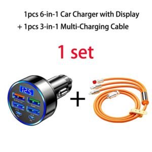 1set Includ 1pcs 6-in-1 Car Charger + 1pcs Universal 3 In 1 USB Car Charging Cable - Orange
