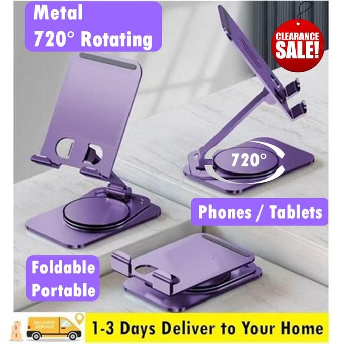 360° Rotatable + Foldable Metal Phone Stand, Adjustable Desk Holder, Non-Slip Base for Phones & Tablets | Study, Tiktok, Facetime, Live Stream