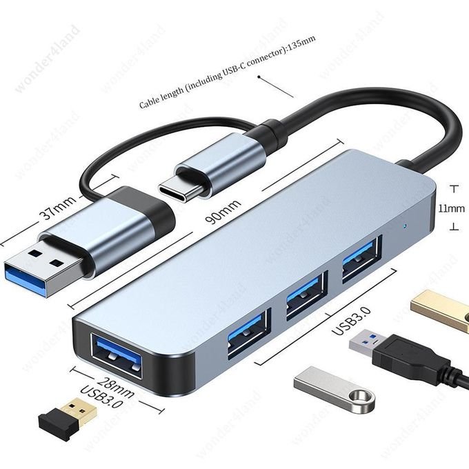 4-in-1 Dual-Head USB Hub, High-Speed USB 3.0 Splitter Adapter with 4 Ports