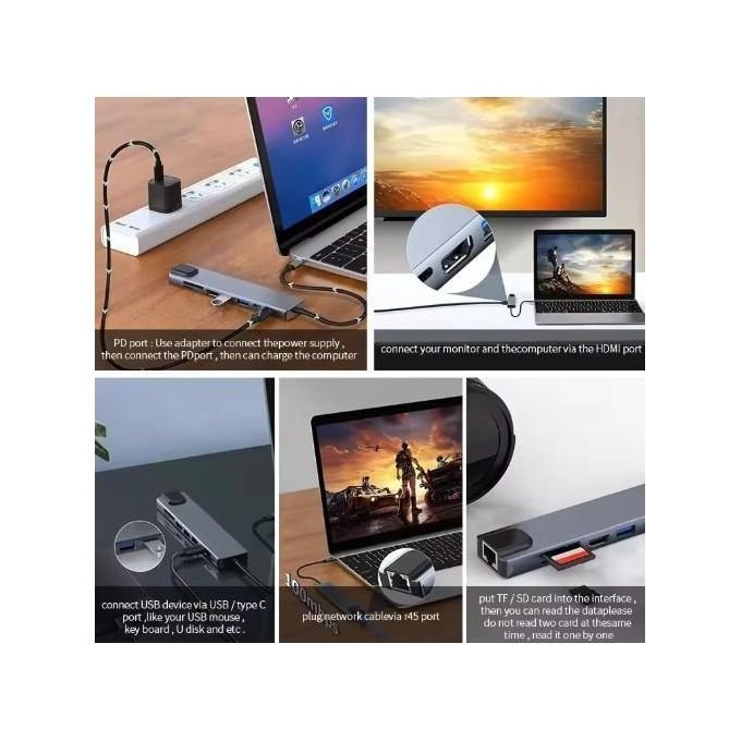 8 In 1 USB C Adapter,USB C Hub,RJ45 Ethernet HDMI Adapter,USB 3.0/2.0, PD 100W, SD TF Card