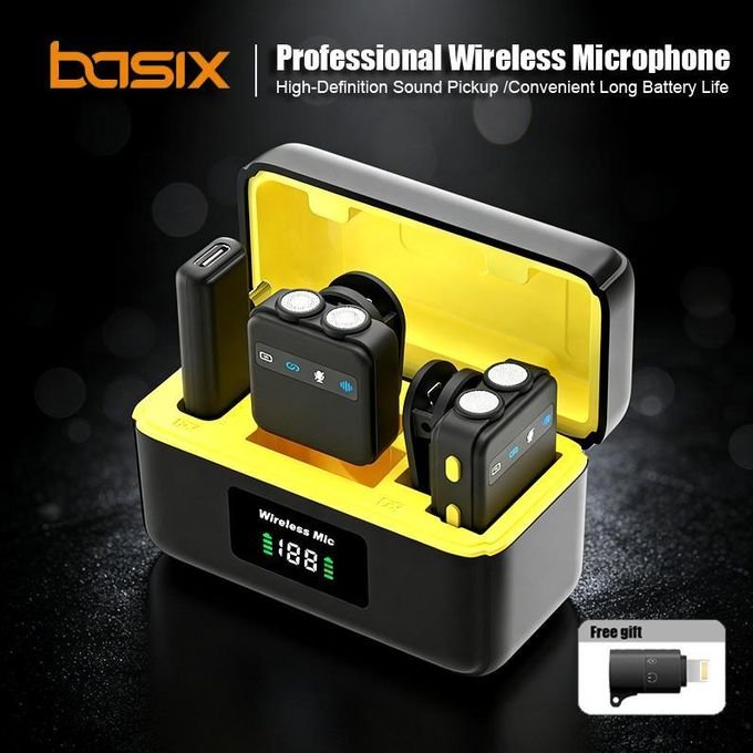 Basix Wireless Lapel Microphone Lavalier Tie Dual Mic Condenser Double TYPE-C Android Phones IPhone IOS Adapter