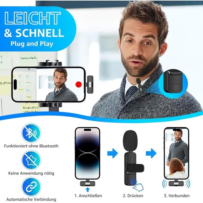Basix Wireless Lavalier Microphone for iPhone Android USB-C Microphone with Noise Reduction for Live Streaming Interviews mini mic