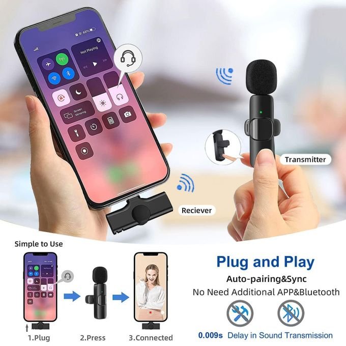 Basix Wireless Lavalier Microphone for iPhone Android USB-C Microphone with Noise Reduction for Live Streaming Interviews mini mic