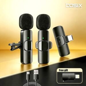 Basix Wireless Lavalier Microphone for iPhone Android USB-C Microphone with Noise Reduction for Live Streaming Interviews mini mic