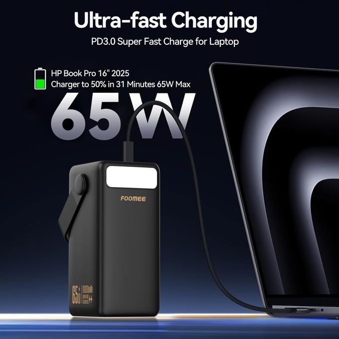 FOOMEE AA65 60000mAh 65w Type-C Fast Charging Power Bank with Flashlight, Digital Display and Built-in Strap, For Laptop, Phone