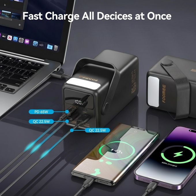 FOOMEE AA65 60000mAh 65w Type-C Fast Charging Power Bank with Flashlight, Digital Display and Built-in Strap, For Laptop, Phone