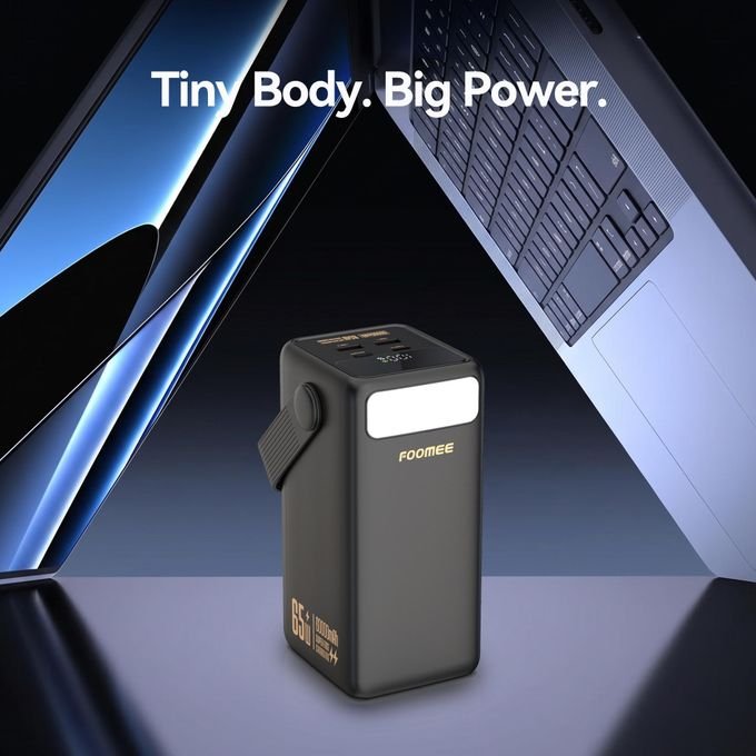 FOOMEE AA65 60000mAh 65w Type-C Fast Charging Power Bank with Flashlight, Digital Display and Built-in Strap, For Laptop, Phone