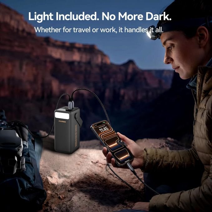 FOOMEE AA65 60000mAh 65w Type-C Fast Charging Power Bank with Flashlight, Digital Display and Built-in Strap, For Laptop, Phone