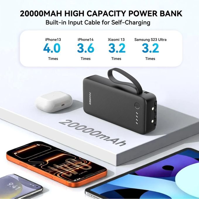 FOOMEE AB25 20000mAh Portable Power Bank,Dual Light,Built-in Type-C Cable,5 Output