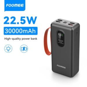 FOOMEE AF32 Power Bank, 30000mAh, 22.5W Super Fast Charger with Built-in Strap and High-Brightness Flashlight.