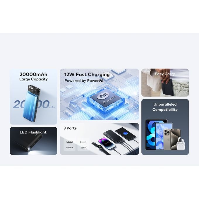 itel 20000mAh 12W Torch Power Bank + Free Fast Type-C Charger