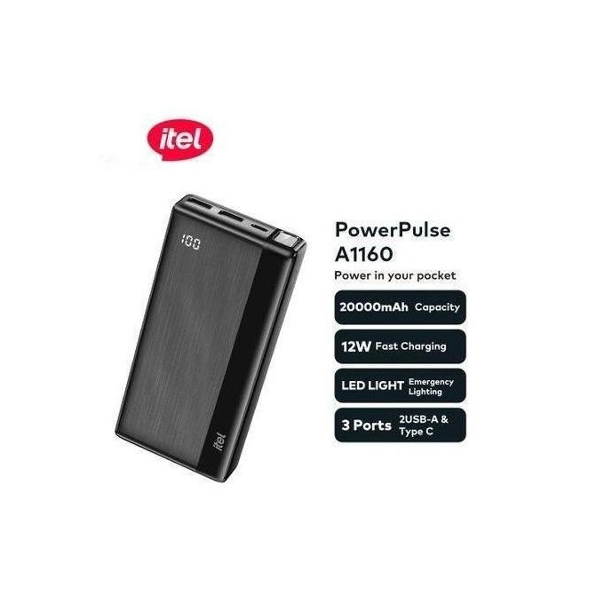itel PowerPulse A1160 20000mAh Power Bank- Dual Output FastCharging with LED lightning