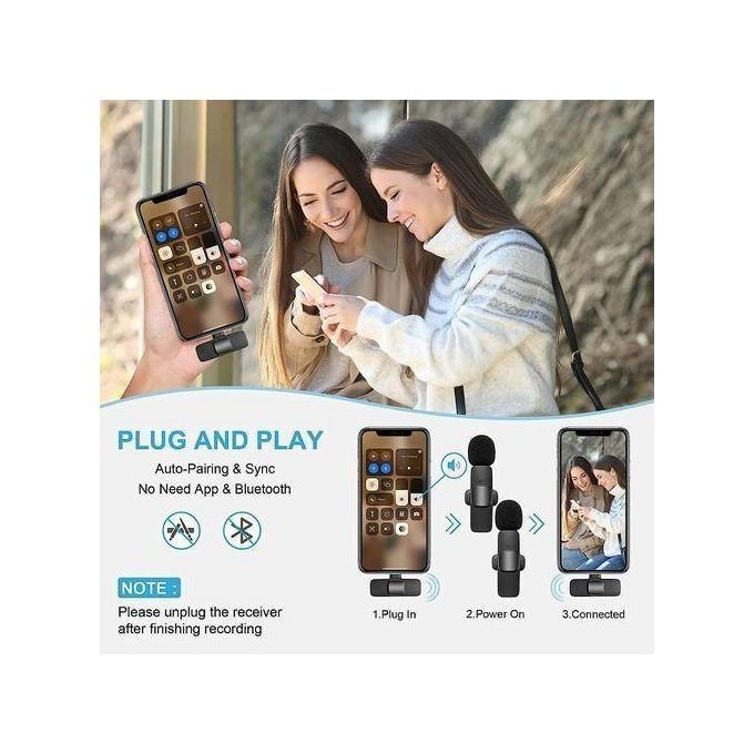 K9 Double Wireless Lapel Microphone Tie Mic TYPE-C Phones Android IPhone + IOS Adapter