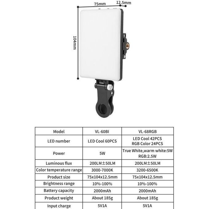 Led Rechargeable Fill Light Adjustable,For Phone Camera Vlog Conference With Clip-Black