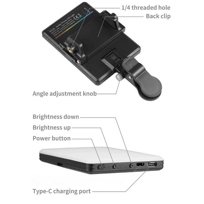 Led Rechargeable Fill Light Adjustable,For Phone Camera Vlog Conference With Clip-Black