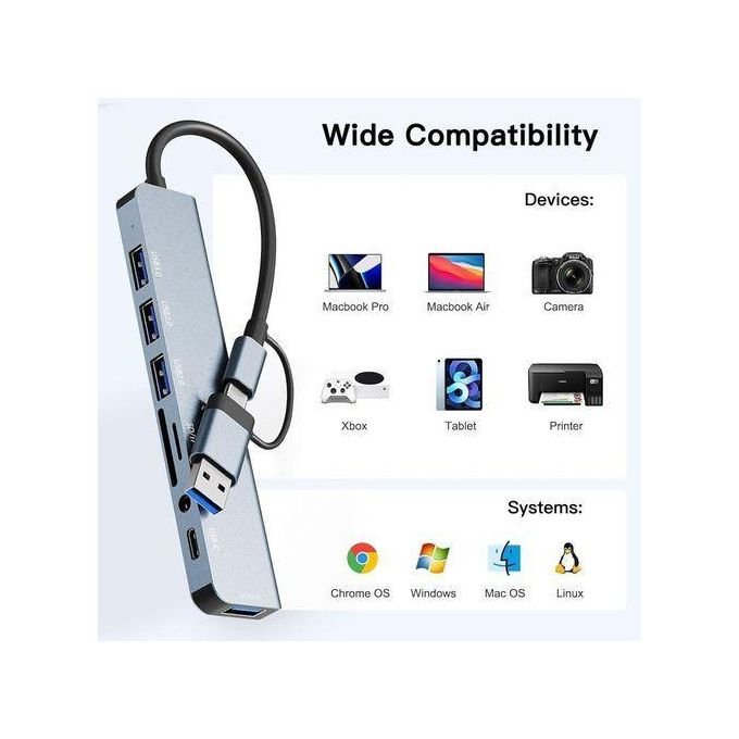 Music Pioneer Double headed 8in1 USB&Type-C Hub Multi Port Adapter Splitter Dock Station