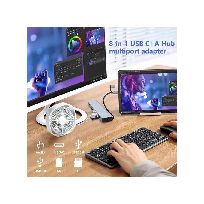 Music Pioneer Double headed 8in1 USB&Type-C Hub Multi Port Adapter Splitter Dock Station