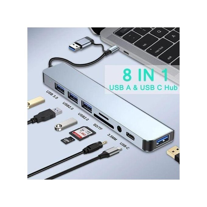 Music Pioneer Double headed 8in1 USB&Type-C Hub Multi Port Adapter Splitter Dock Station