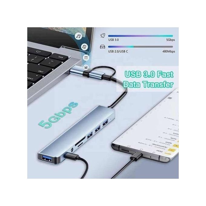 Music Pioneer Double headed 8in1 USB&Type-C Hub Multi Port Adapter Splitter Dock Station