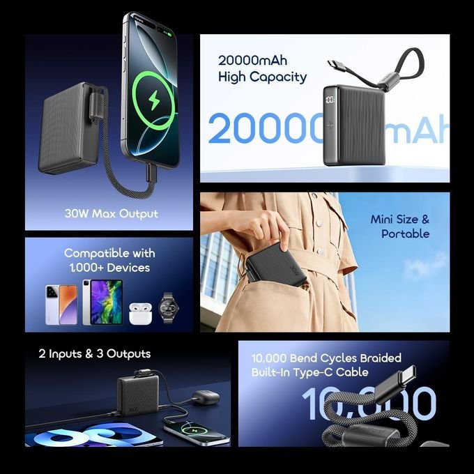 Oraimo PowerNova L21 Power Bank 20000mAh 30W Fast Charging Built-In Cable