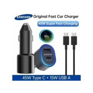 Samsung Original Fast Car Charger – 45W Super Fast Charging (Type-C + USB-A) + 15W USB A Pd Power Adapter