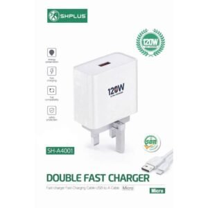 SHPLUS 120W Ultra-Fast Charger + Free 2A Type-C Cord – 3-Pin Plug”