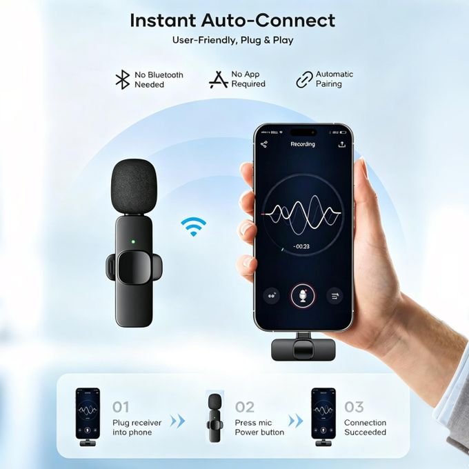 Single Type-C Wireless Lapel Microphone, Omnidirectional Clip-on Mic with iPhone/Android Adapter for Content Creation, Vlogging, and Recording