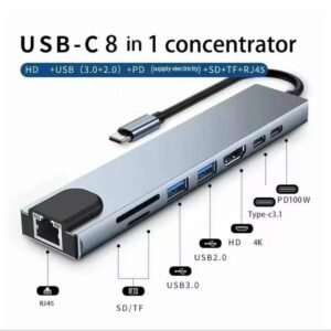 USB C Hub 8In1Type C 3.1 To 4K HDMI Adapter with RJ45 SD/TF Card Reader PD Fast Charge for MacBook Laptop