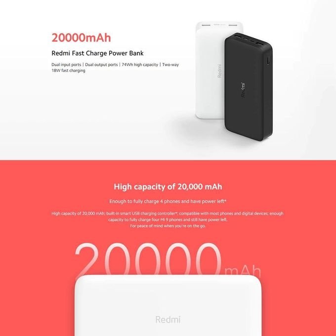 XIAOMI 20,000 mAh Redmi Fast Charge 18W Power Bank Black